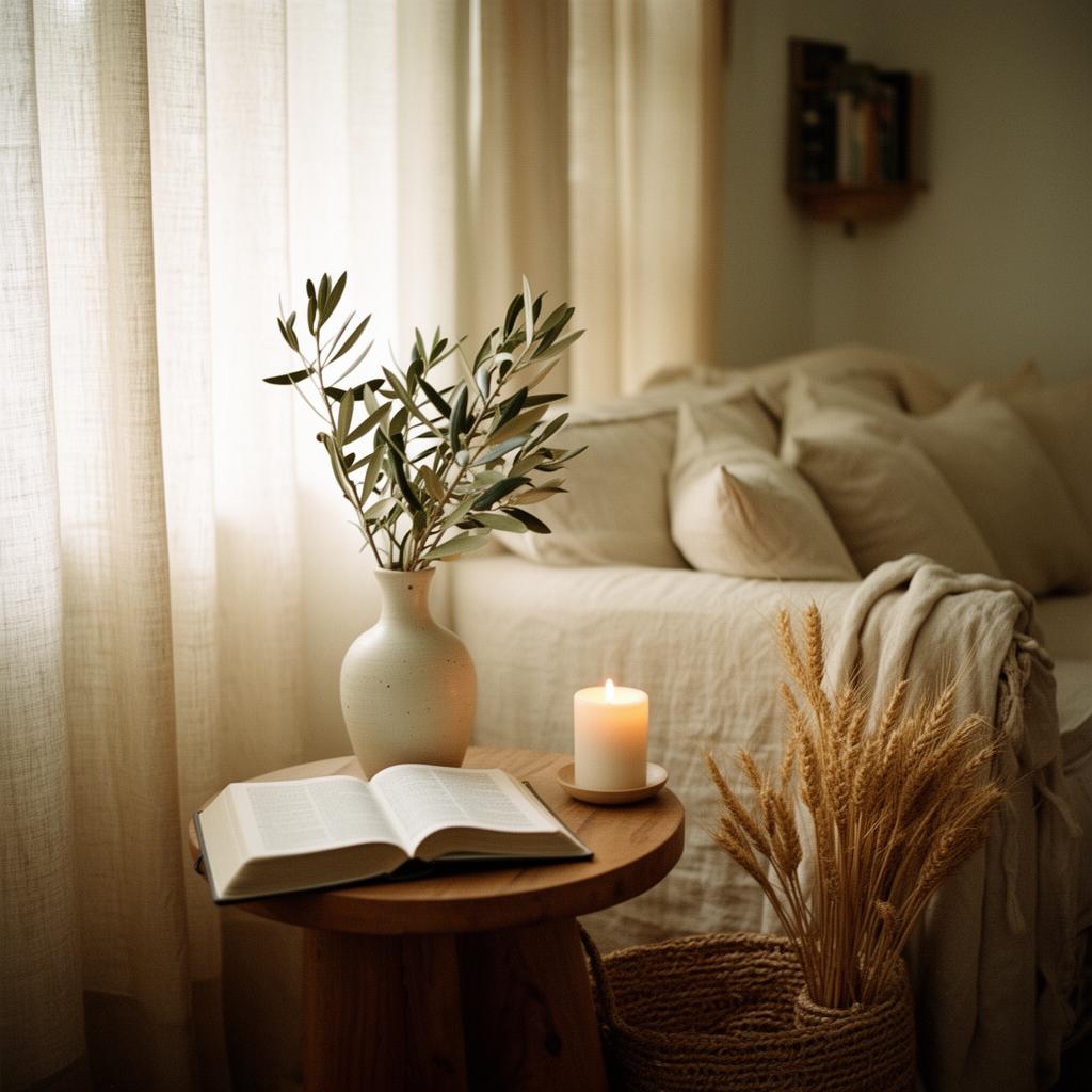 A peaceful, intentionally decorated living room with linen sofa, olive branch, candle, and open Bible